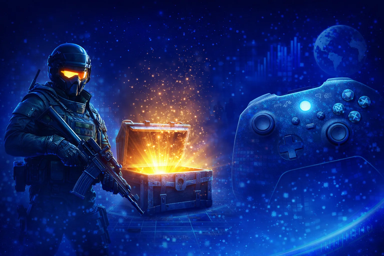 Futuristic soldier with rifle standing beside glowing treasure chest and digital game controller in blue tech environment