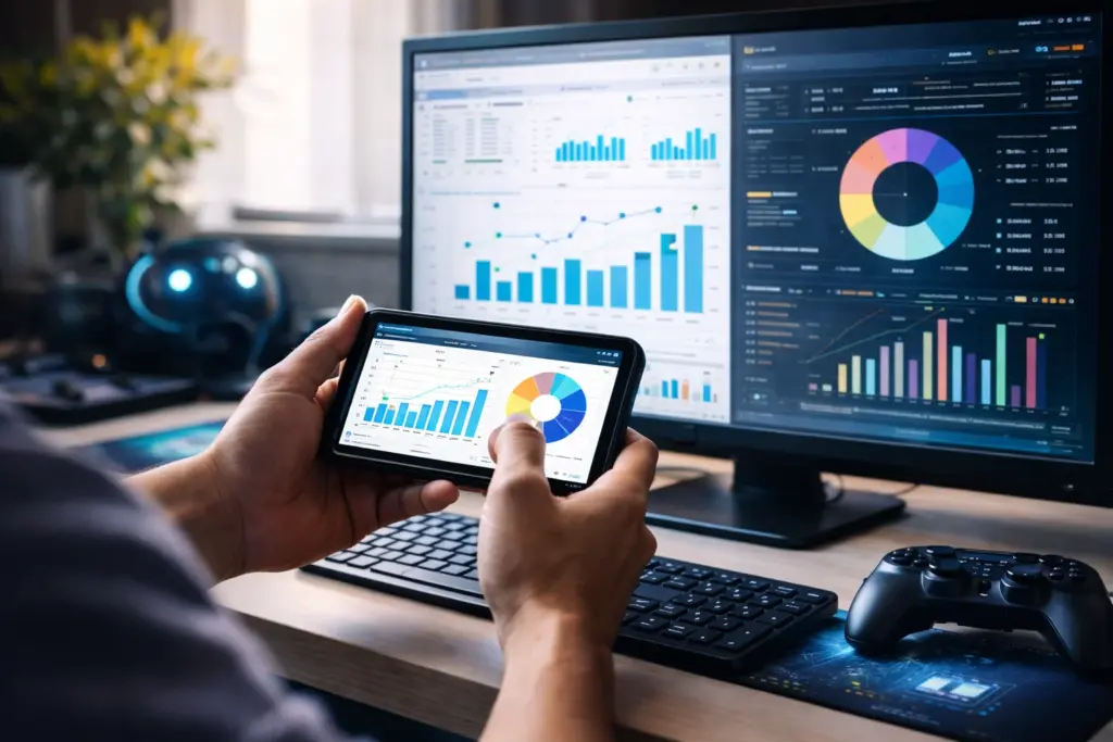 Person analyzing video game statistics on smartphone and monitor with gaming controller on desk