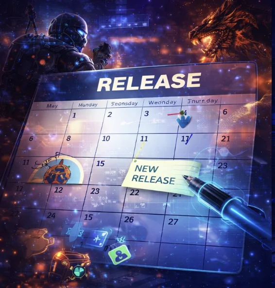 Gaming release calendar with upcoming titles, highlighted dates and futuristic interface elements