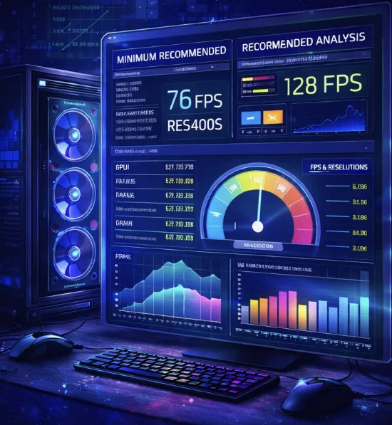 Gaming performance dashboard showing FPS metrics, system stats and real-time analytics charts