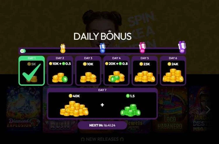 Crown Coins daily rewards with Gold Coins and Sweeps Coins balances.