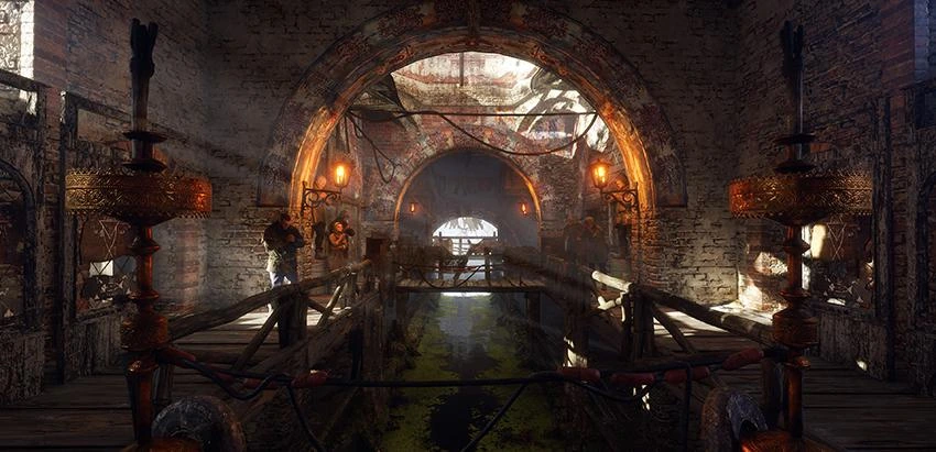 Post-apocalyptic metro tunnel with dark atmosphere and winter setting
