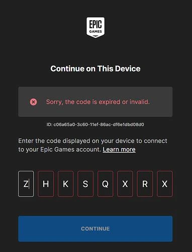 Game notification showing expired or invalid code error