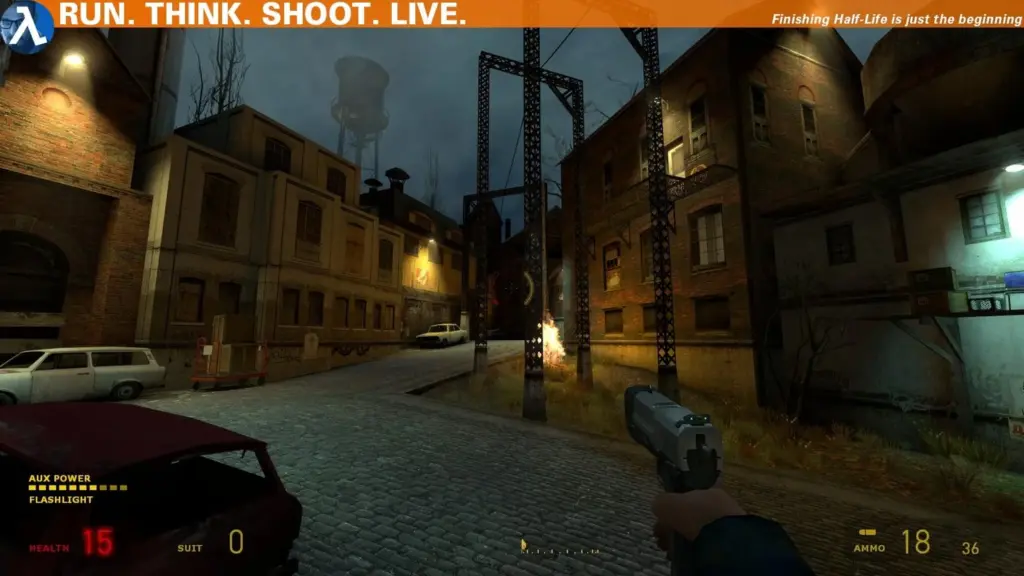 Classic FPS gameplay with team-based combat in urban environment