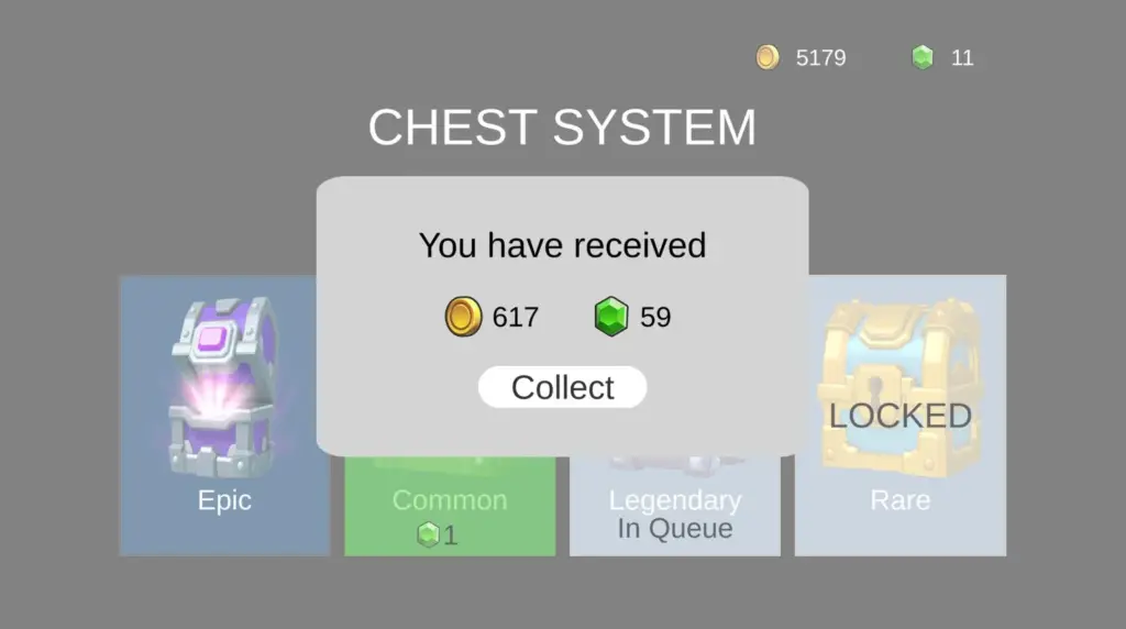 Game reward screen showing spins, perks and progression items