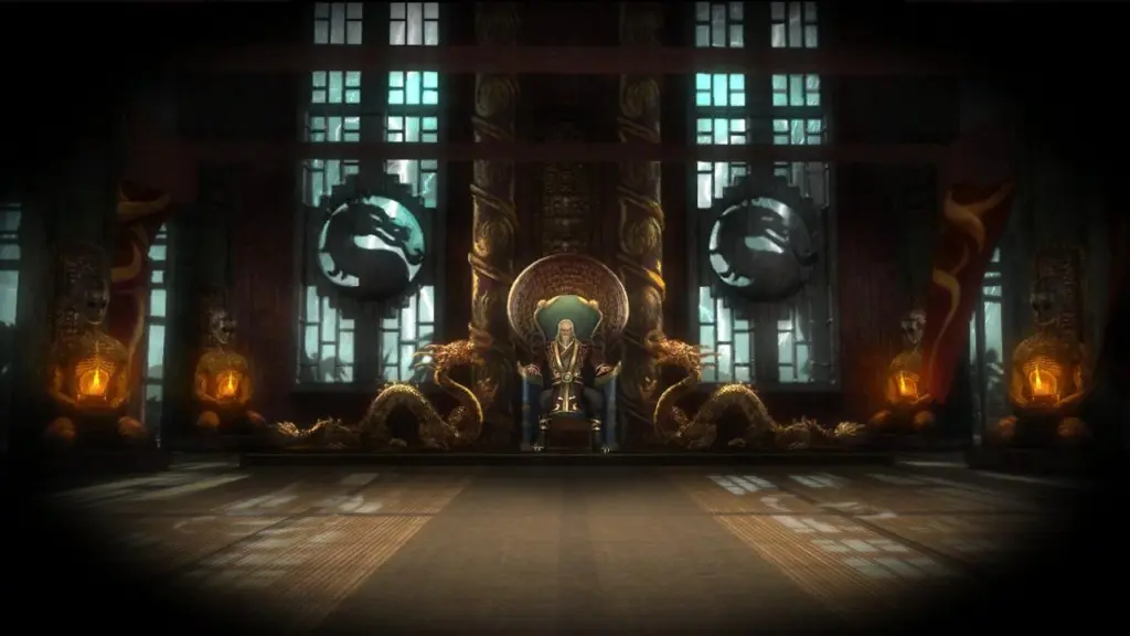 Shang Tsung throne room with severed heads in MK11 Krypt