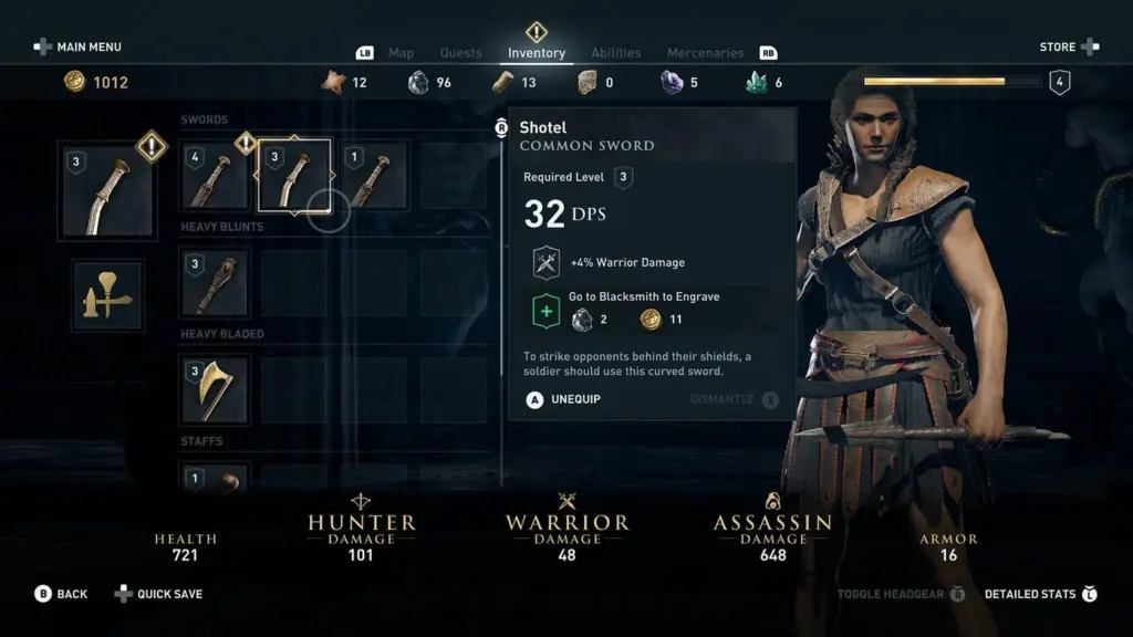 Game interface with weapon stats and build customization options
